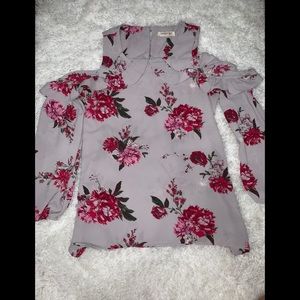 lavender floral, ruffle, cold shoulder top